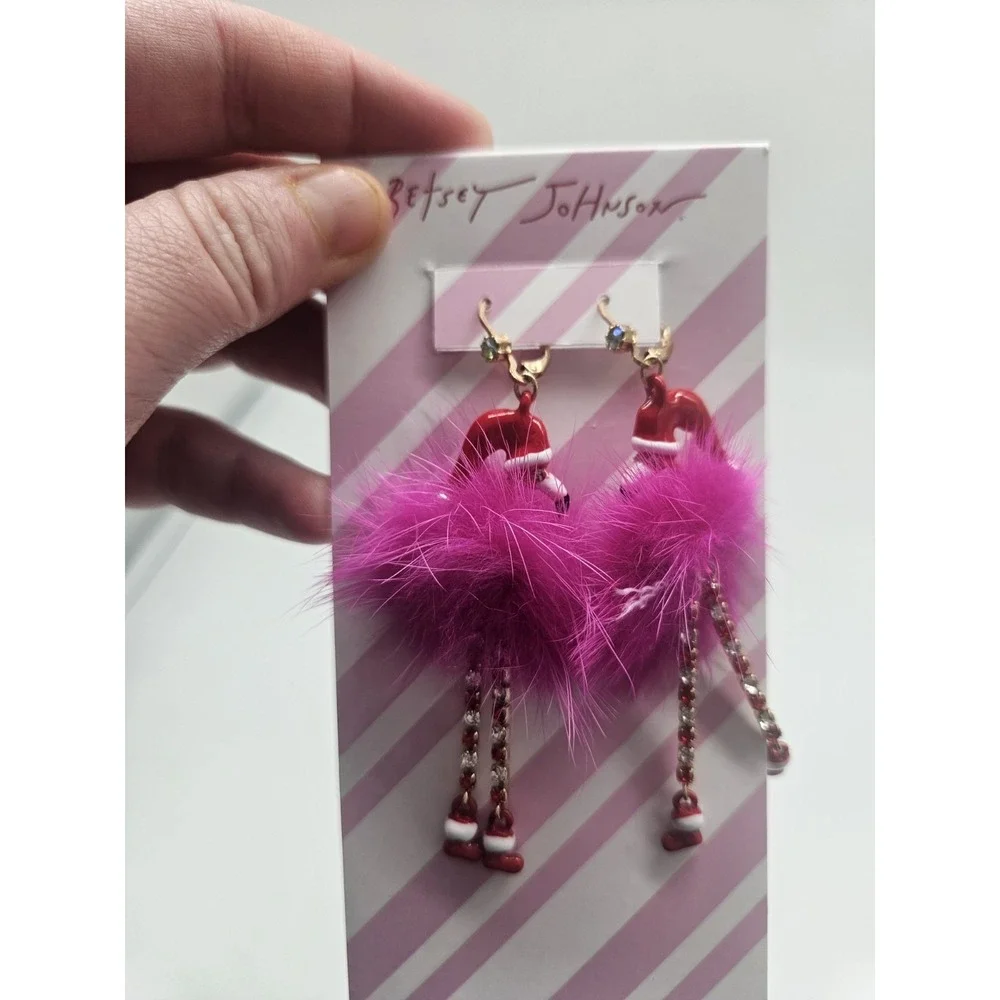 Betsey Johnson Gold Tone & Pink Fluffy Santa Flamingo Drop Earrings Crystal NWT‎